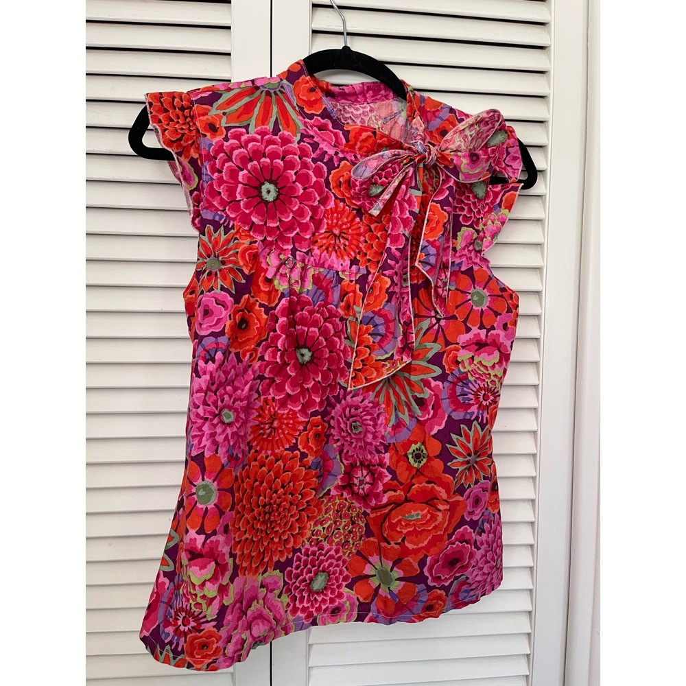 Vintage-Style Boho Maximalist Floral Tie-Neck Blouse, Ruffle Sleeve Top, Sz M - Picture 2 of 4